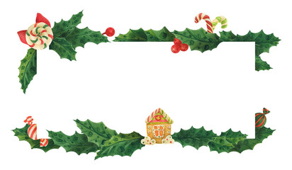 Christmas holly header with gingerbread house and candies, watercolor illustration