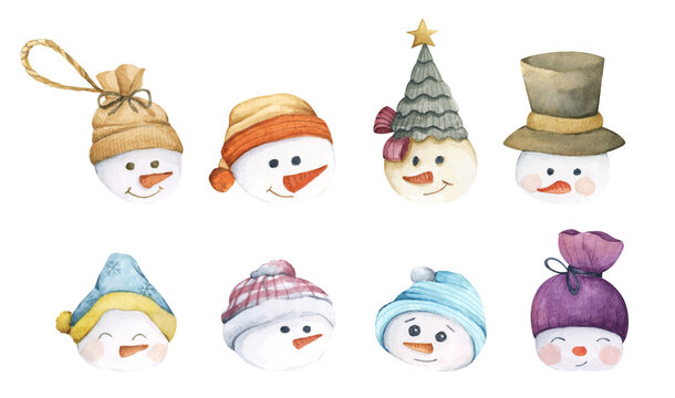 Set of character snowmans. Isolated on white background. Watercolor illustration. New year decoration, Merry Christmas element.