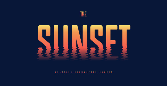 Dissolved letters in bright color font. Bold high tall alphabet with reflection on waving water surface. Creative typographic design for flood movie headline. Isolated vector typeset.