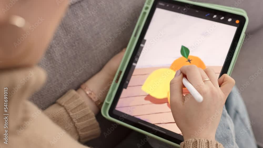 Poster hand, tablet sceen and digital design with graphic designer drawing, sketching and art with technolo