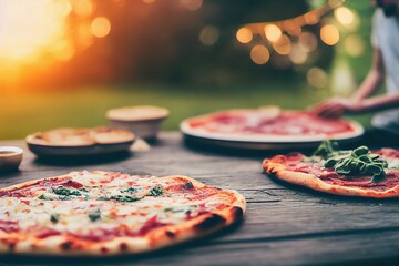Italienisches Essen der gegrillten Pizza über unscharfem rustikalem Hintergrund. BBQ-Picknickparty im Freien oder Restaurant mit Cookout-Fastfood. Zubereitung von Grillgerichten