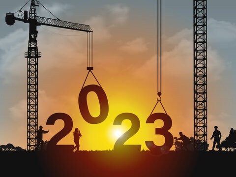 Illustration Vector Design of Workers build 2023 Text with Beautiful Sunrise