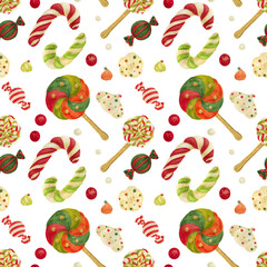 Christmas Elves Factory pattern with candy canes, lollipops, zefirs and candies