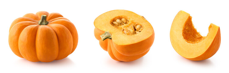 Set of fresh whole and sliced pumpkin