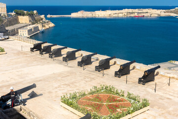 Valletta, Malta, 22 May 2022: View of the cannons upper barrakka gardens