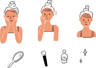 スキンケア　女性　化粧　線画ベクター