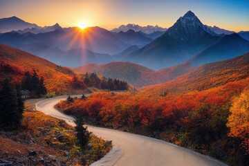 Curvy mountain road in autumn forest wonderful sundown landscape - obrazy, fototapety, plakaty