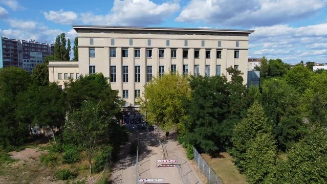 electro club with famous house front, windows. Amazing aerial view flight berlin