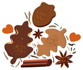 Vector tasty set with cookies, cinnamon, dry leaves and hearts. Isolated on white background.