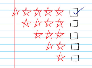 Check on the 5 star rating. Positive feedback concept. Pencil draw five stars.