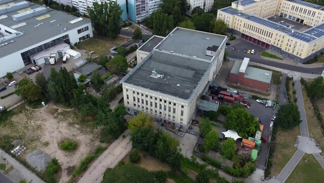 huge hall temple of dance at daytime. Smooth aerial view flight berlin