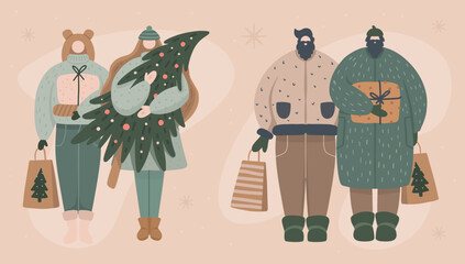 Set of LGBT Couples and families buying and holding Christmas gifts. Collection of Gay, Lesbian and bisexual characters. Shopping on winter holidays concept 