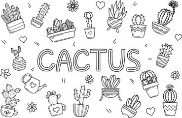 Cacti in flower pots doodle set