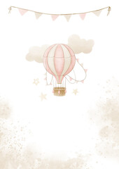 Poster with pink Hot Air Balloon flying in the sky and party garland. Template for text for Baby girl Shower or Birth Party. on white background. Watercolor illustration for Placard
