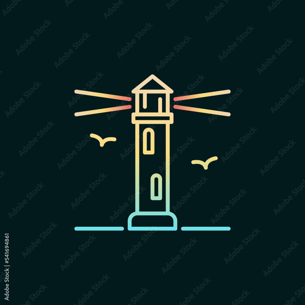 Poster lighthouse and seagulls vector linear concept colorful icon