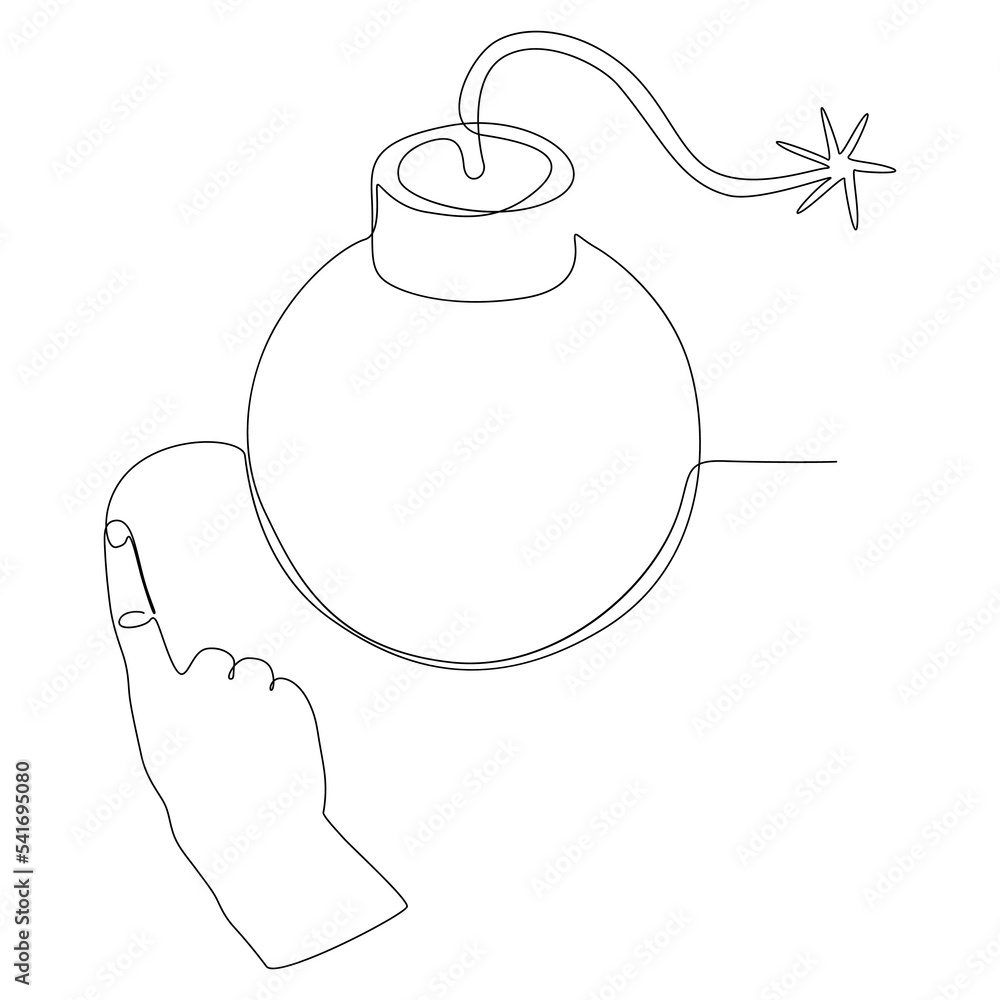 Poster one continuous line of index finger pointng at bomb. thin line illustration vector concept. contour 