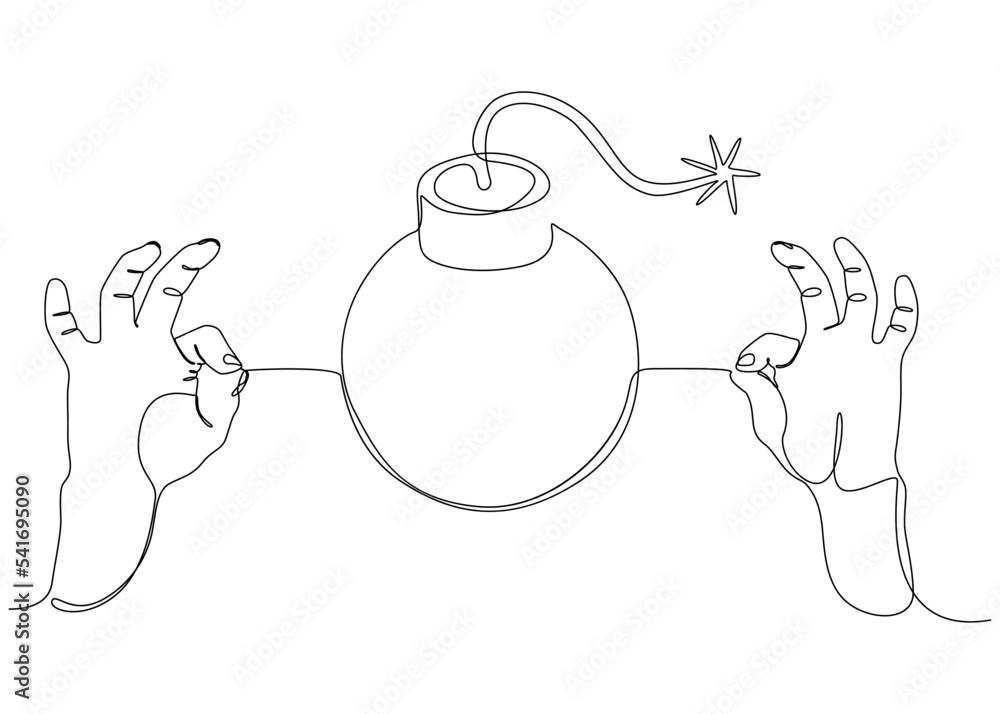 Poster one continuous line of two hand holding a string with bomb. thin line illustration vector concept. c