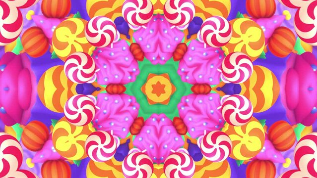 Looped cute Halloween cupcakes pattern kaleidoscope motion graphics.