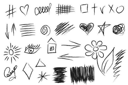 Set of doodle crosses, different checks, hearts, circles and swirls. Hand-drawn geometric shapes. Abstract sketch symbols.