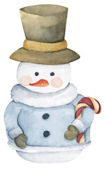 Snowmans. Watercolor illustration. New year decoration, Merry Christmas element.