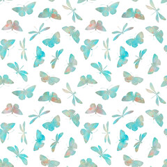 Fototapeta na wymiar Colorful pattern of watercolor butterflies and dragonflies collected for design, wrapping paper, wallpaper, print.