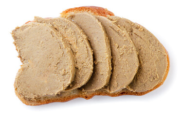Pate on bread on a white background. Top view