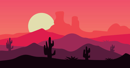 Fototapeta na wymiar twilight red cactus mountains nature background