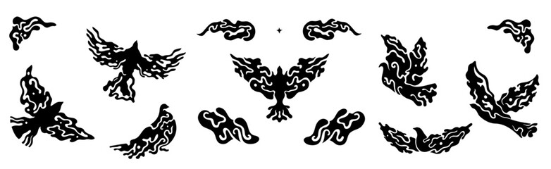 Bird flying tattoo silhouette vector set. pigeon and dove. Biology hand drawn logo.Flock of birds ornament.graphic decor design elements.