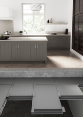 Sichtbare Kellerdeckendämmung im Schnittaufbau mit Estrich und Fußboden und Küche, die Dämmung im Keller aus Styropor und Neopor für warme Füße