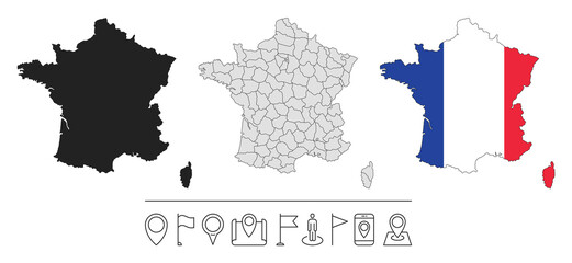Set of different France maps with national flag. Navigation line icons. Vector illustration.