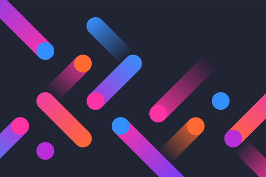 Modern holographic gradient dynamic lines with dots on black background. Abstract vivid composition of motion geometric shapes illustration
