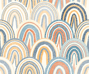 Seamless wavy pattern in polka dot style. Bohemian patchwork print. Vector illustration. - obrazy, fototapety, plakaty