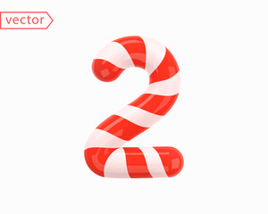 Number 2. Number two sign white intertwined with red ribbon. 3d Numeral as Candy Cane in cartoon style. Realistic glossy object isolated on white background. 3D symbol icon vector illustration