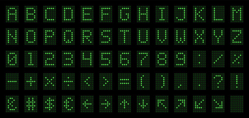 LED Digital Alphabet for Electronic Digital Display, Signages, Information Panels, Sports, Games, Data Boards, Schedules. Dot font with green letters, numbers, signs and symbols. Vector illustration