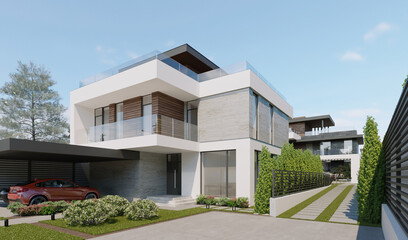 Modern private house with a carport and a small plot. 3D visualization. House concept