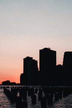 city skyline at sunset