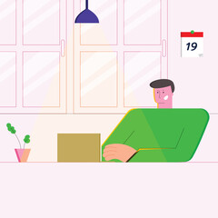 Work at home concept design. Vector illustration on pink background. Online study, education.