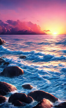Impressive summer sunset with purple-pink clouds and sea, rough waves, white foam and large rocks near the shore. Vividly saturated vertical art with sunset seascape