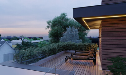 Modern house with carport, large terrace and swimming pool. A house with panoramic windows and a facade made of wide ceramic slabs