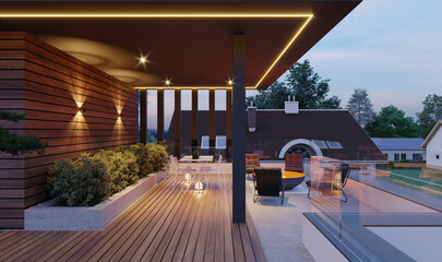 Roof garden in a modern city house. 3D visualization. House in modern style. Evening illumination of the facade. Exterior