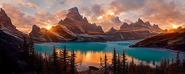 Moraine Lake Panorama im Banff Nationalpark, Alberta, Kanada. Moraine Lake mit Reflexion bei Sonnenuntergang © Viks_jin