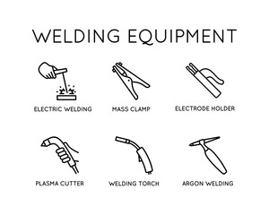 Welding equipment icons set. Torch, holder, mass, argon, tig, mig. For design, web. - obrazy, fototapety, plakaty