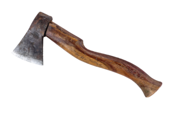 Old rusty axe with old wood isolated on a white background,, PNG file