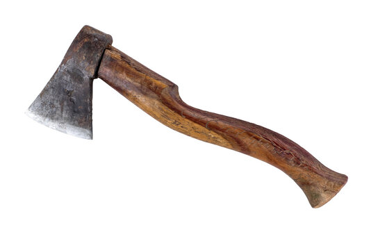 Old rusty axe with old wood isolated on a white background,, PNG file