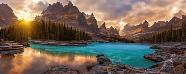 Moraine Lake Panorama im Banff Nationalpark, Alberta, Kanada. Moraine Lake mit Reflexion bei Sonnenuntergang © Viks_jin
