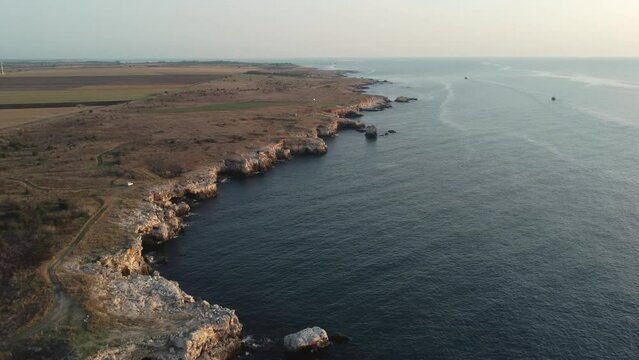 Aerial view above the north Bulgarian Black Sea Coast, in Tyulenovo,  Dobrich Province
