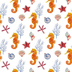 Watercolor seamless pattern with sea ​​horse and shells blue color