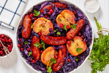 Seared Sausage, Red Cabbage and Apples on plate