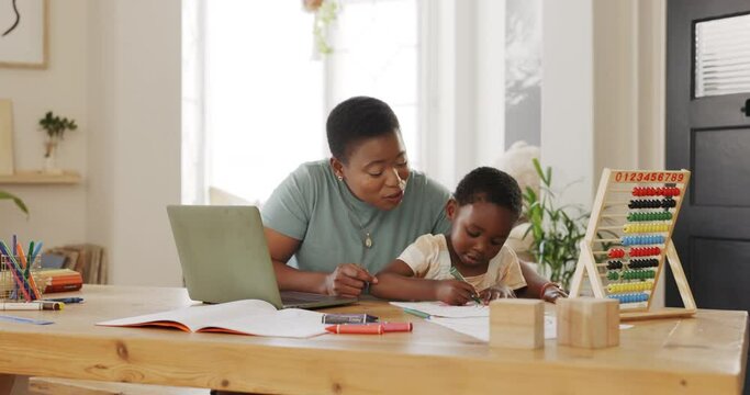 Home, learning and teaching of mother with child color drawing in work book for education, support and creative development. African black family mom helping kid writing on paper for kindergarten