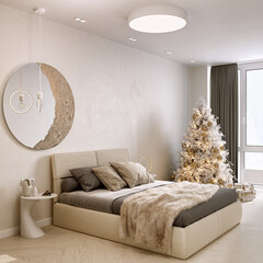 Modern bedroom interior with Christmas decor. 3d rendering.